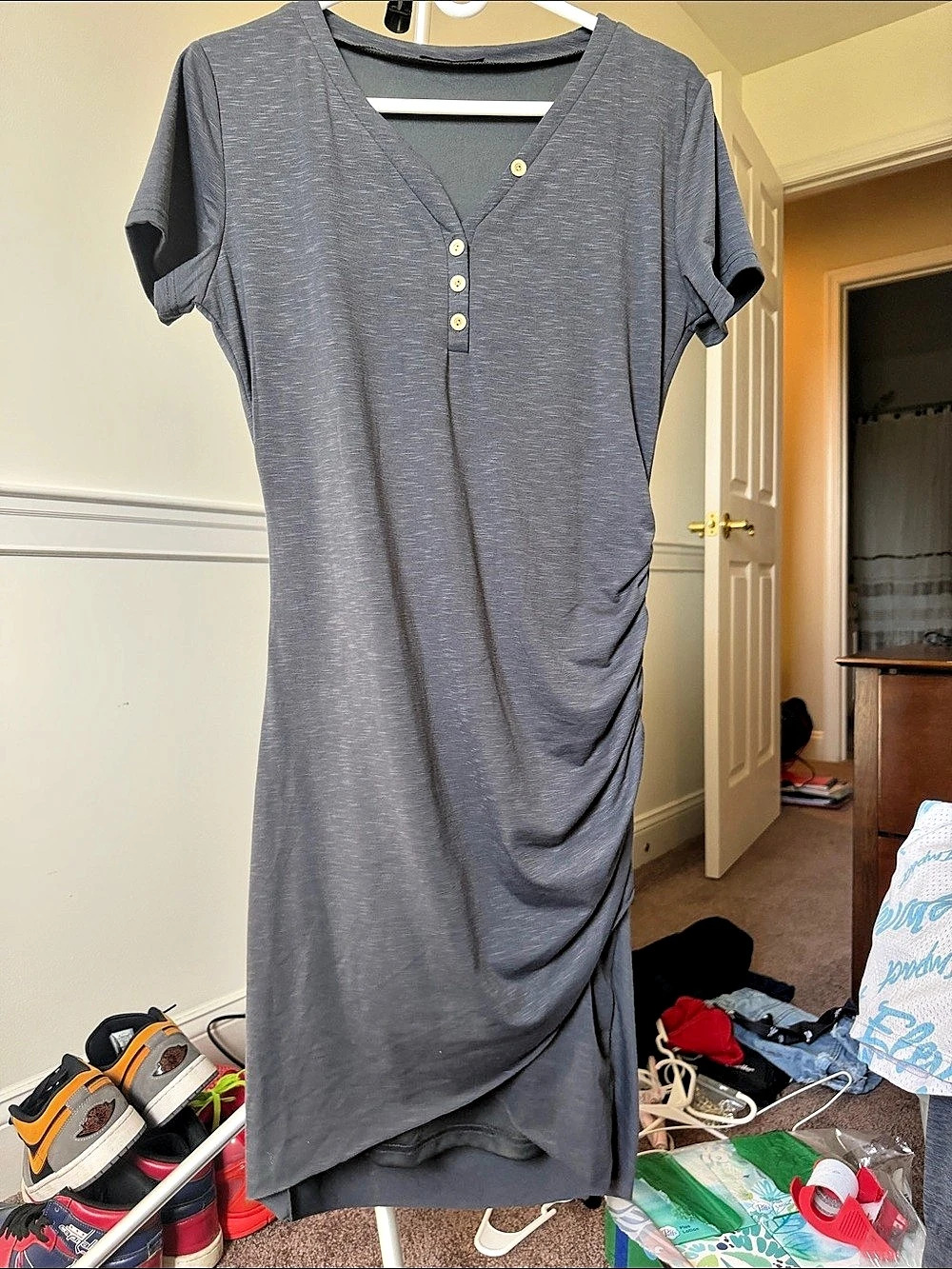 Treasure & Bond Rib Henley Midi Dress Gray